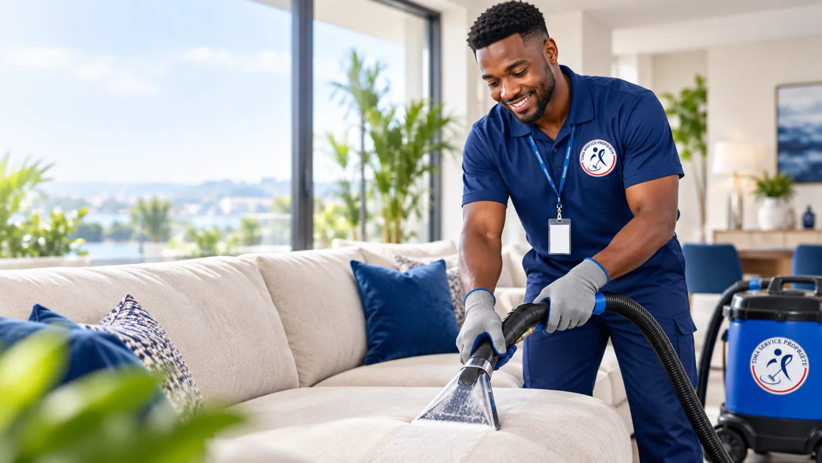 Technicien de Tima Service Propreté en uniforme nettoyant un canapé clair avec un injecteur-extracteur dans un salon lumineux