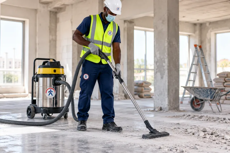 Technicien aspirant les poussières sur un chantier en fin de travaux